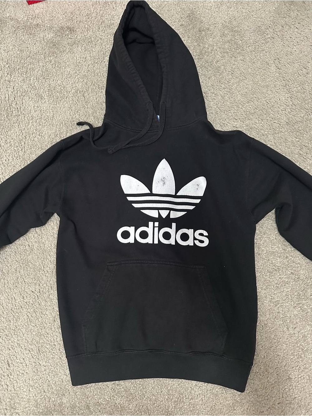 adidas Black Hoodie with White Trefoil and Blue Tag
